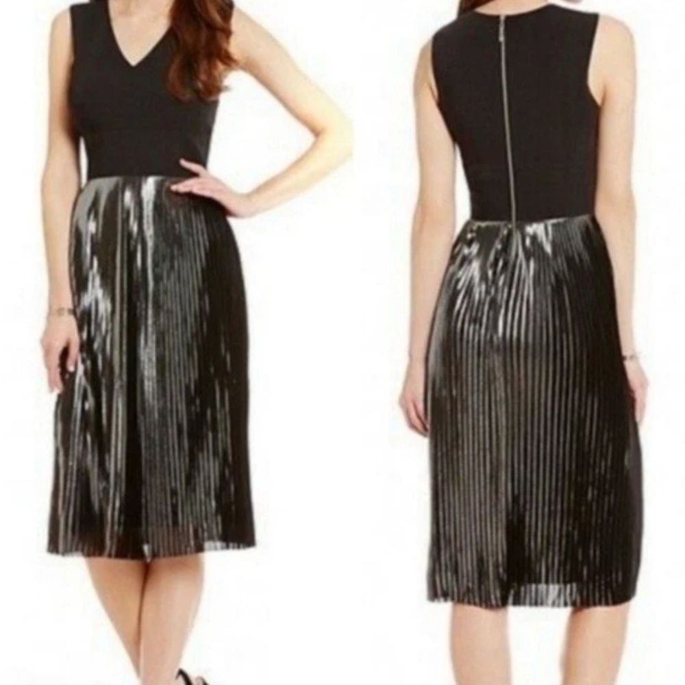 Antonio Melani Black & Silver Metallic Pleated Crepe Stretch Midi Dress,Sz:4 NWT